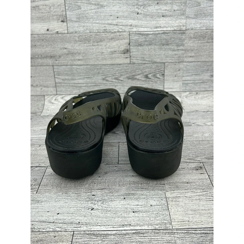 Crocs Adrina‎ III Peep Toe Wedge Sandals Army Green Black Womens 9 14937